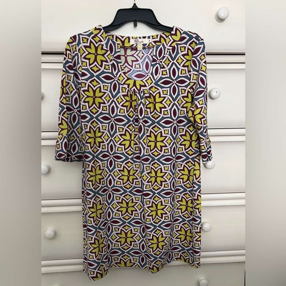 Aryeh Floral-Geometric V-Neck Tunic in Yellow and Navy